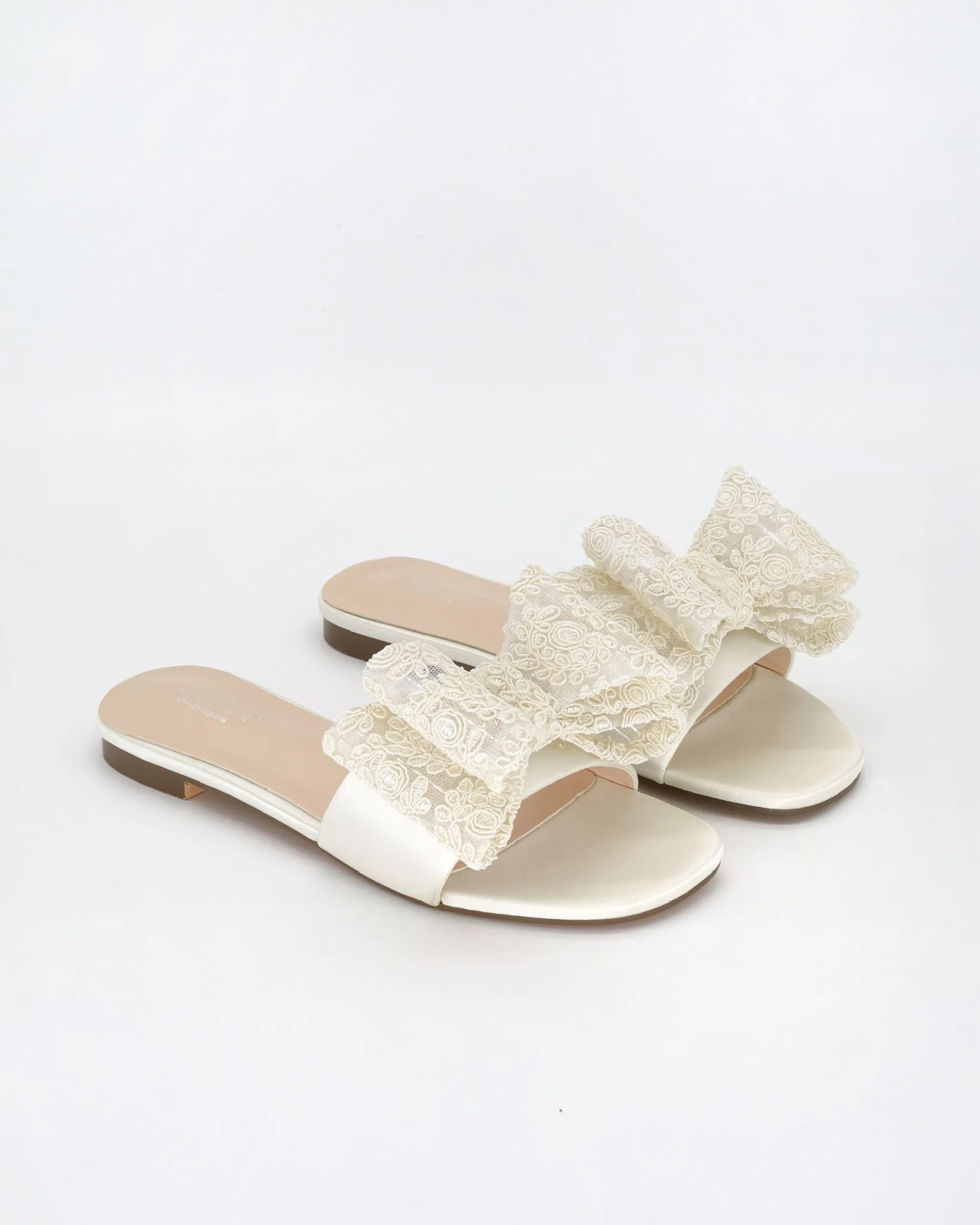 Satin Slip on Sandals with with Oversized Crochet Bow