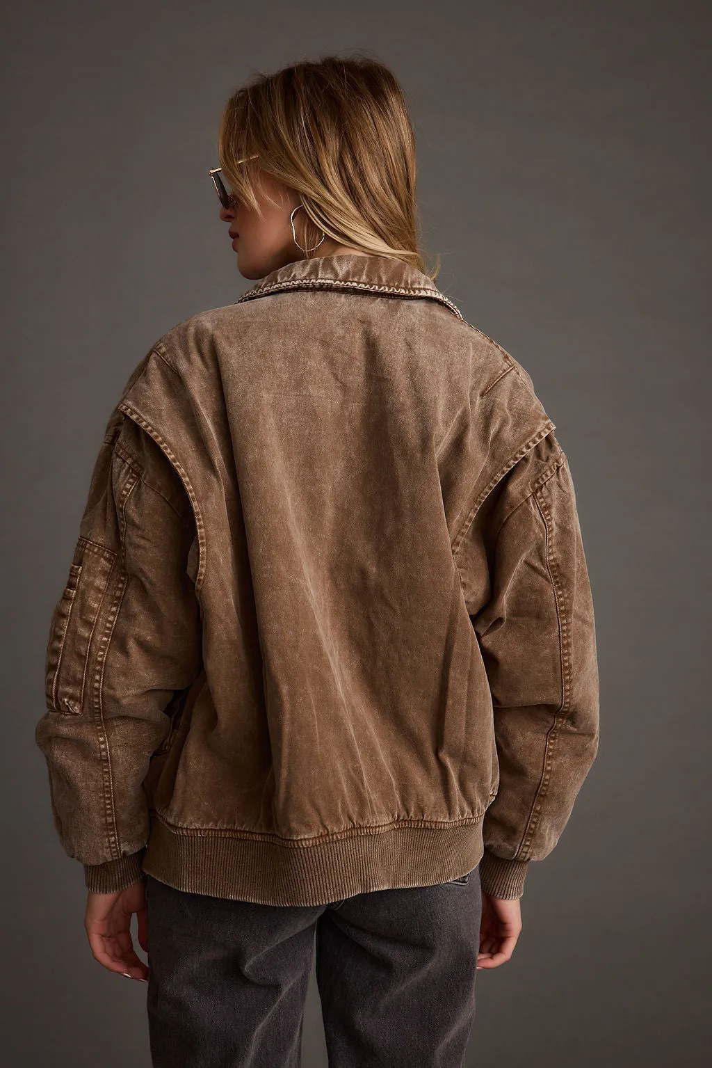 Sawyer Washed Brown Oversized Bomber Jacket