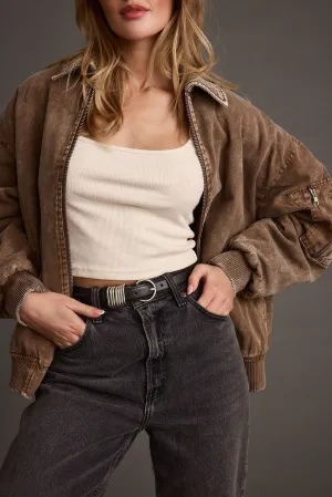 Sawyer Washed Brown Oversized Bomber Jacket