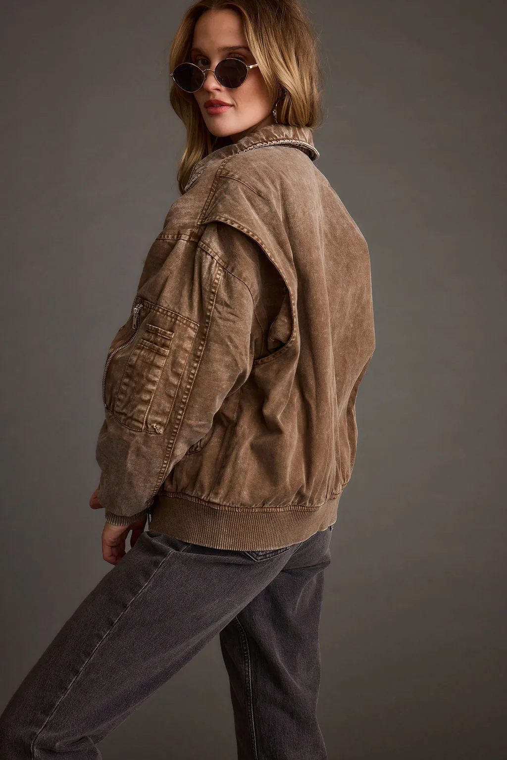 Sawyer Washed Brown Oversized Bomber Jacket
