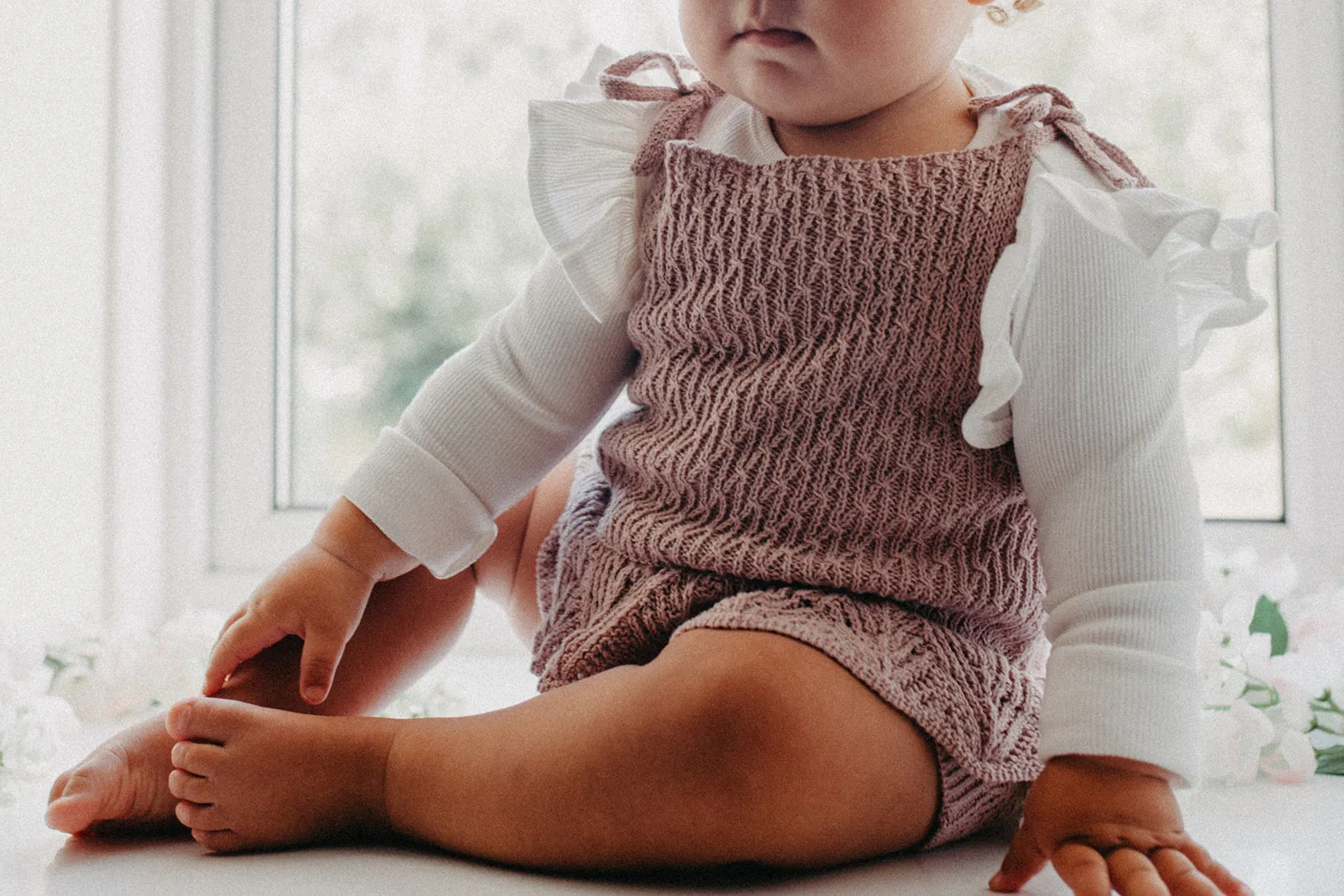 Scallop Frill Knitted Romper - Mauve/ pink