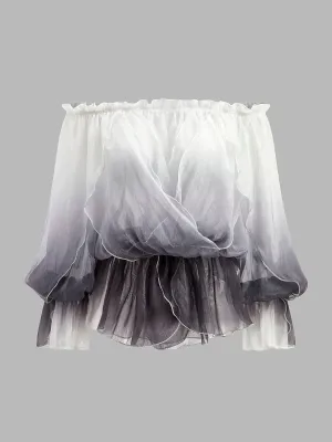 Semi-Sheer Gradient Floral Off-Shoulder Chiffon Top