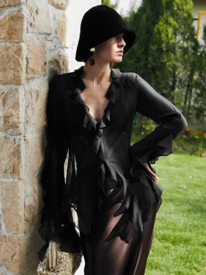 Semi-Sheer Ruffle Split Thin Blouse