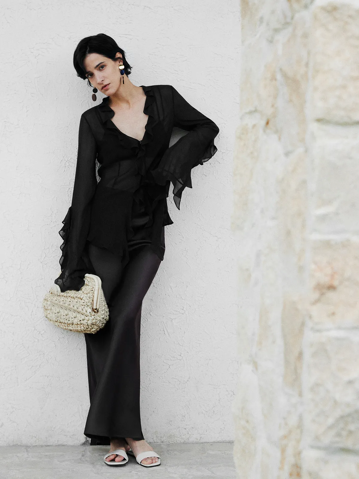 Semi-Sheer Ruffle Split Thin Blouse