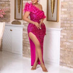 Sequined Feather Side Split Dress