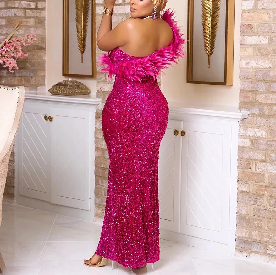 Sequined Feather Side Split Dress