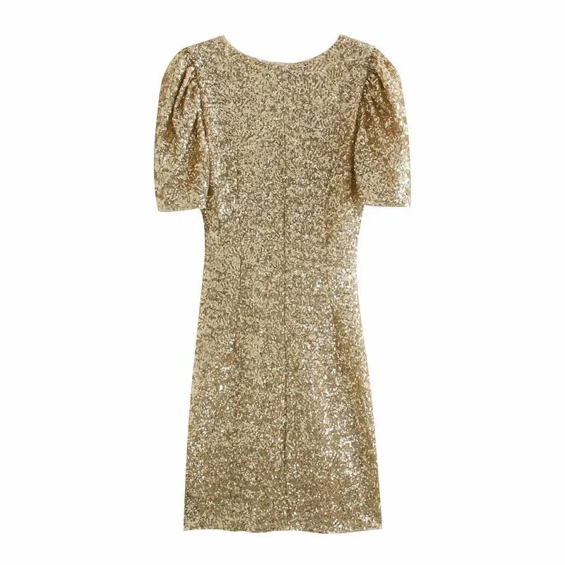 Sequins V-neck Pleated Elastic Waist Mini Dresses