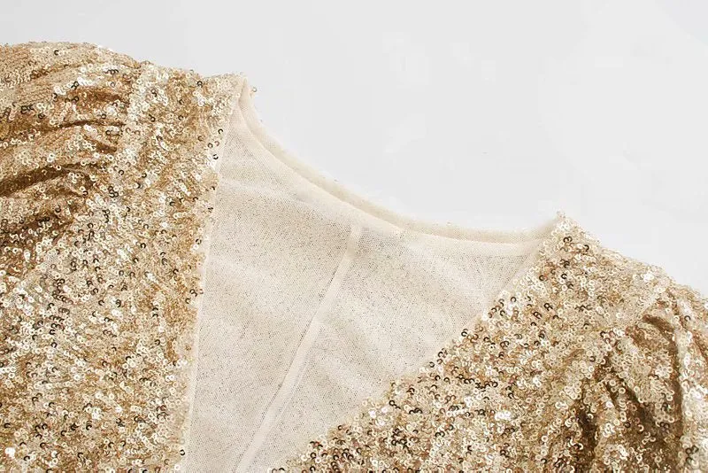 Sequins V-neck Pleated Elastic Waist Mini Dresses