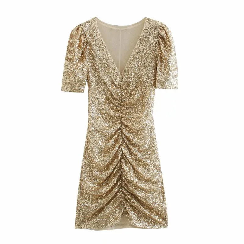 Sequins V-neck Pleated Elastic Waist Mini Dresses