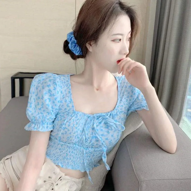 Sexy Puff Sleeve Square Collar Butterfly Printed Shirt