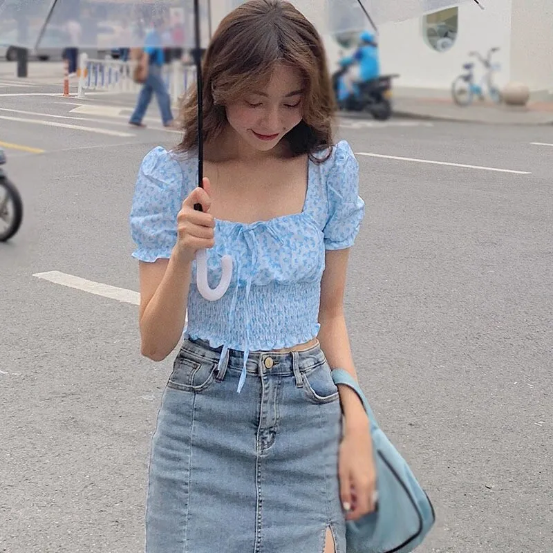 Sexy Puff Sleeve Square Collar Butterfly Printed Shirt