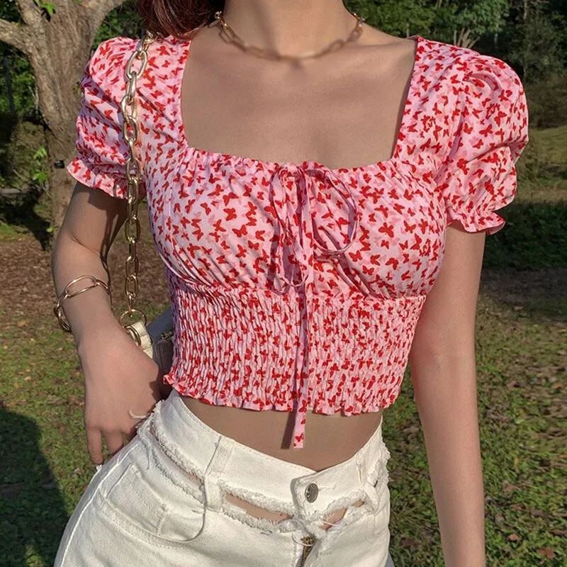 Sexy Puff Sleeve Square Collar Butterfly Printed Shirt