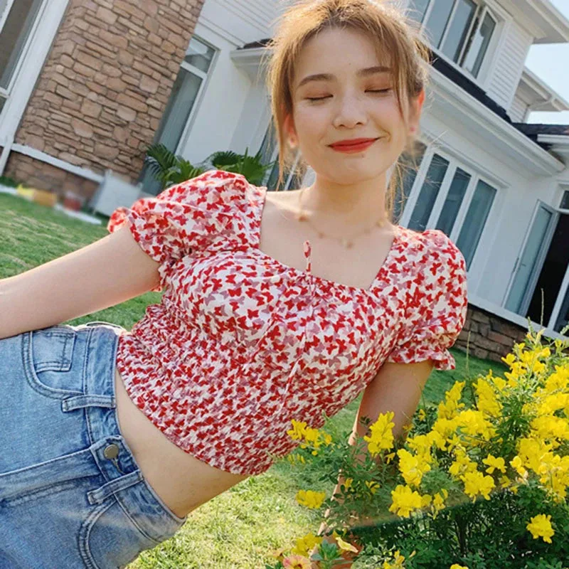 Sexy Puff Sleeve Square Collar Butterfly Printed Shirt