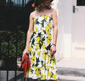 Sexy Wrapless Strapless Lemon Print Dress