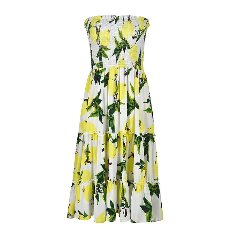 Sexy Wrapless Strapless Lemon Print Dress
