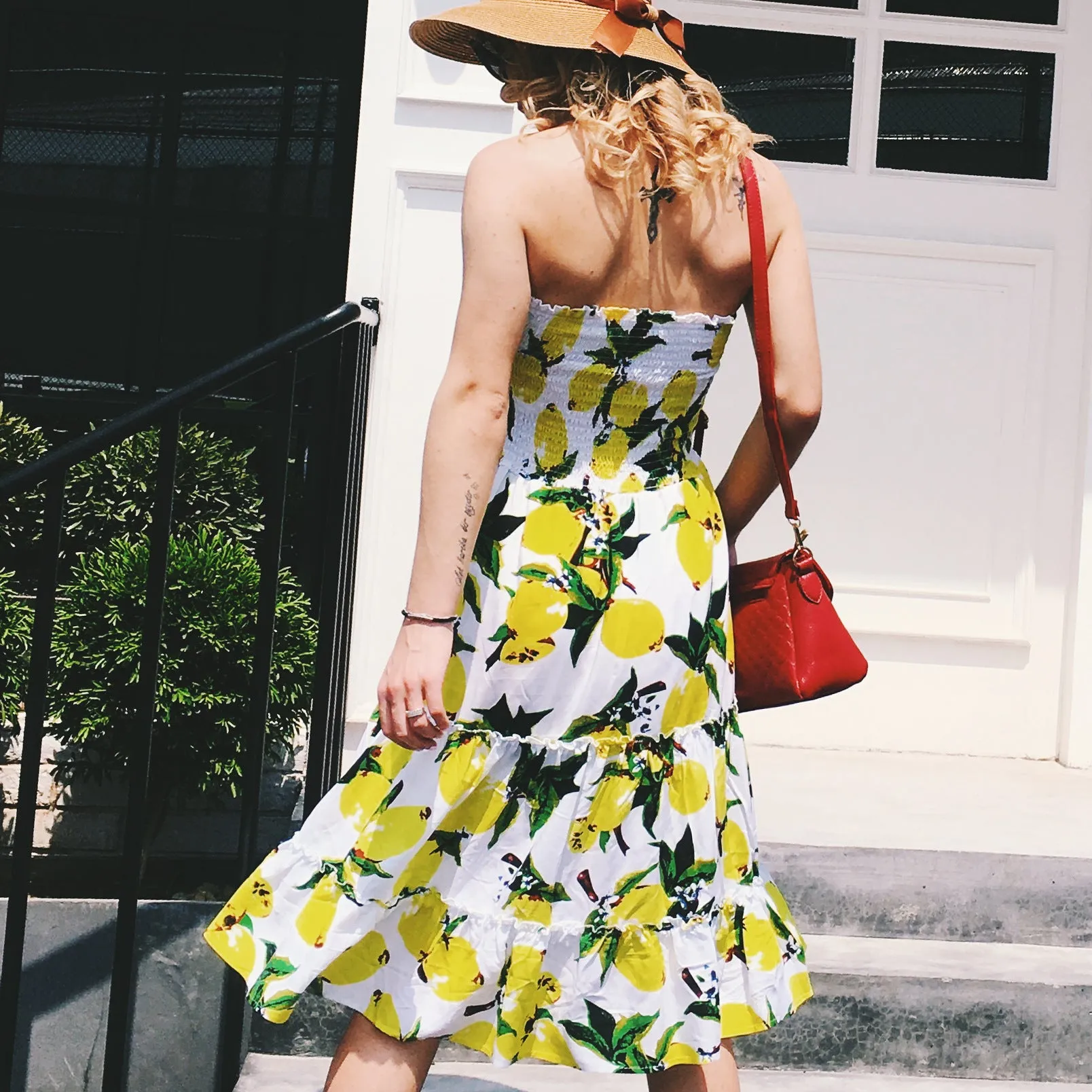 Sexy Wrapless Strapless Lemon Print Dress