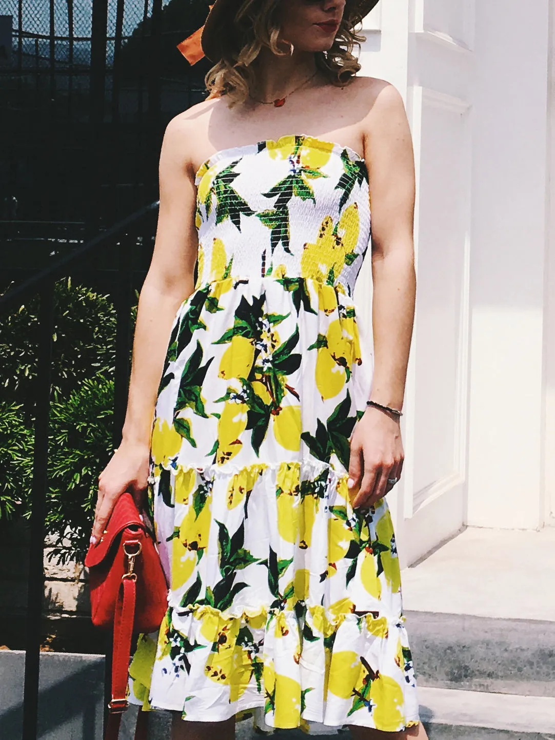 Sexy Wrapless Strapless Lemon Print Dress
