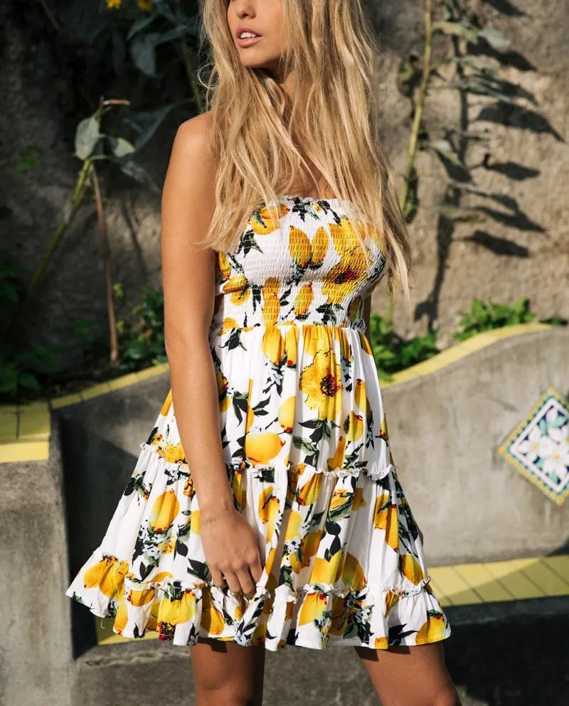 Sexy Wrapless Strapless Lemon Print Dress