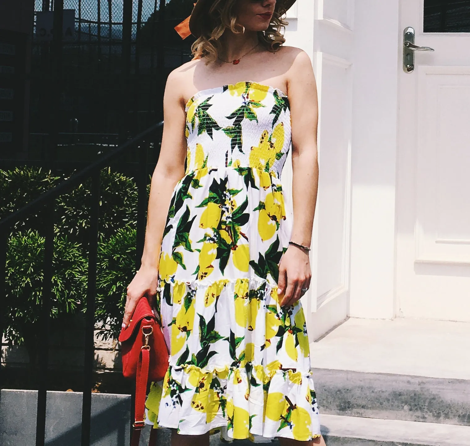 Sexy Wrapless Strapless Lemon Print Dress