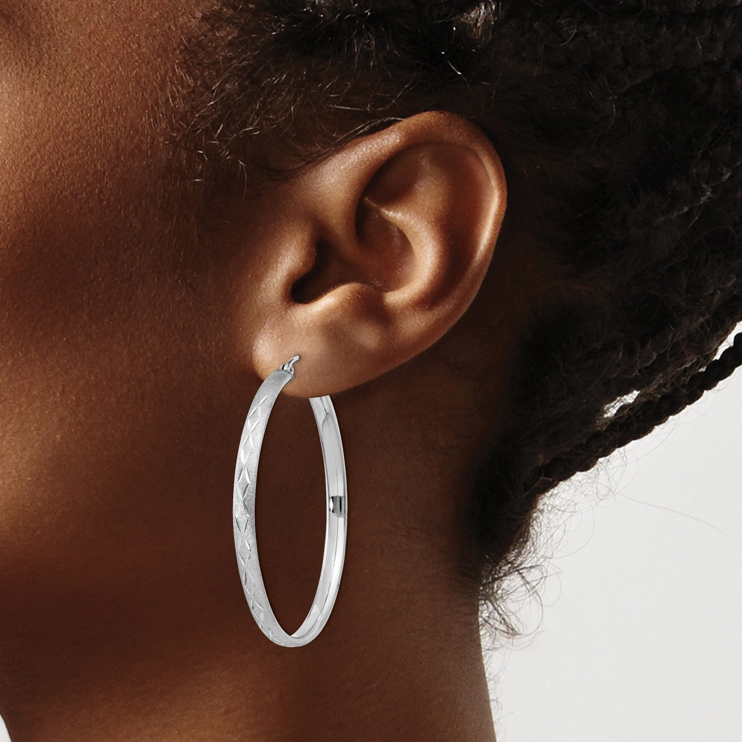 Silver Polished Textured D.C Hinged Hoop Earrings