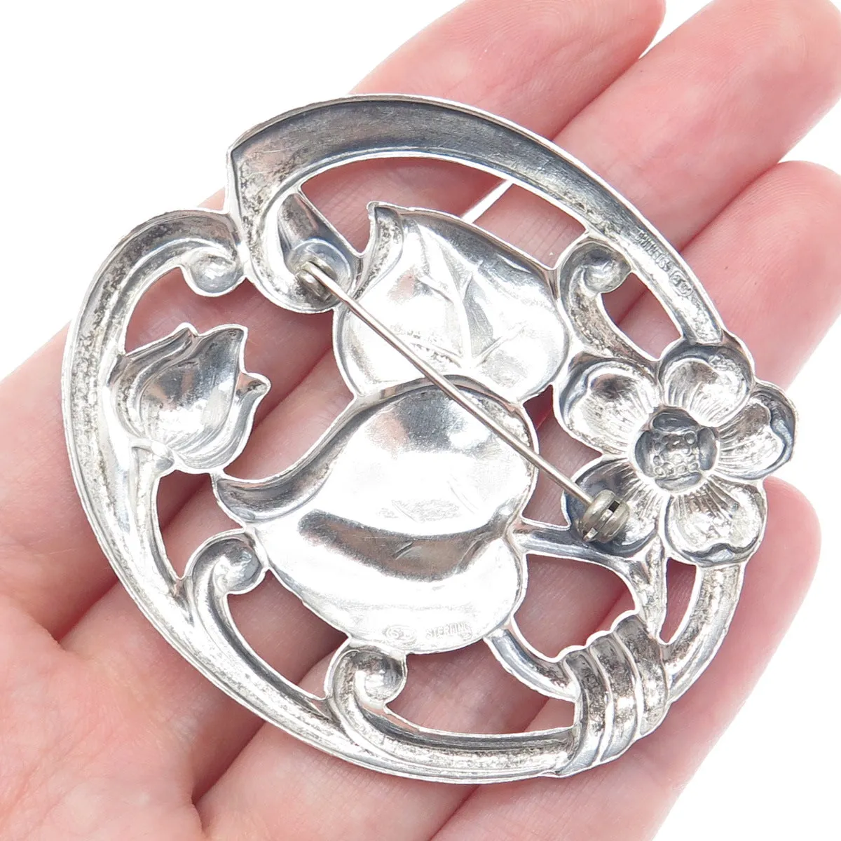 SILVERMAN BROTHERS 925 Sterling Silver Antique Art Deco Flower Pin Brooch