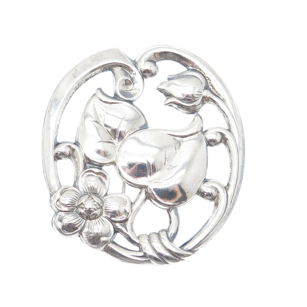 SILVERMAN BROTHERS 925 Sterling Silver Antique Art Deco Flower Pin Brooch