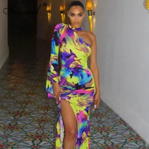 Simenual Seite Slit Gedruckt Schulter Maxi Kleid Frauen Langarm Mode Geraffte Bodycon Kleider Mode Sexy Party Clubwear