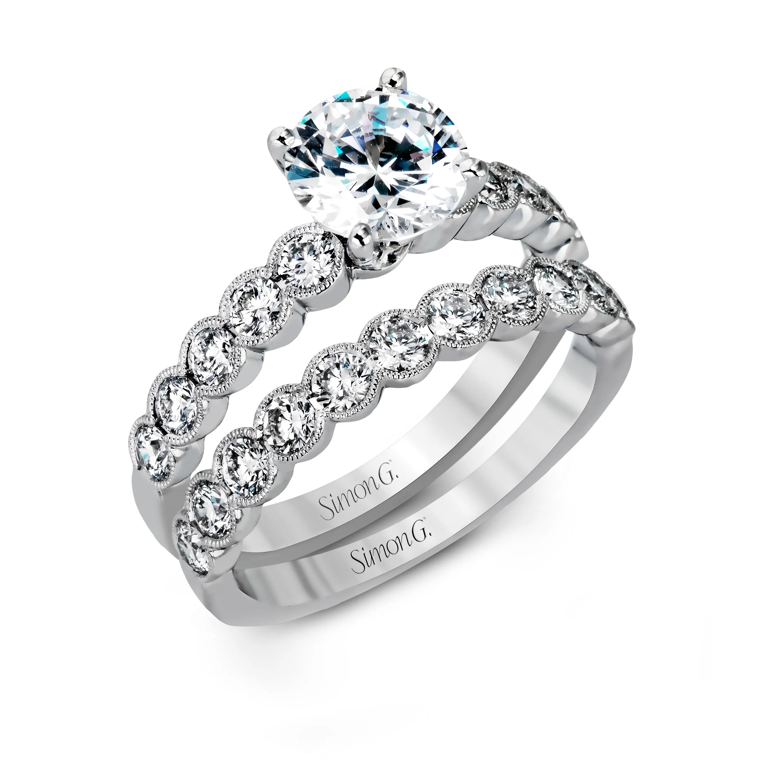 Simon G Engagement Ring Semi Mount and Wedding Band Set in 18K White Gold MR2566