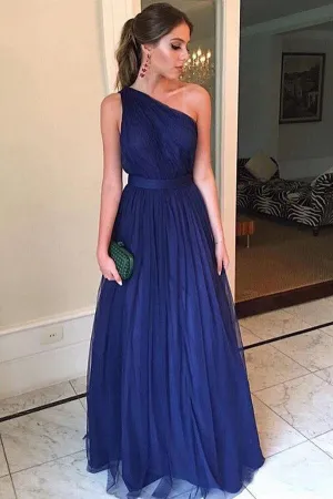 Simple Blue Tulle A-line One Shoulder Long Prom Dresses, Evening Gown, MP685
