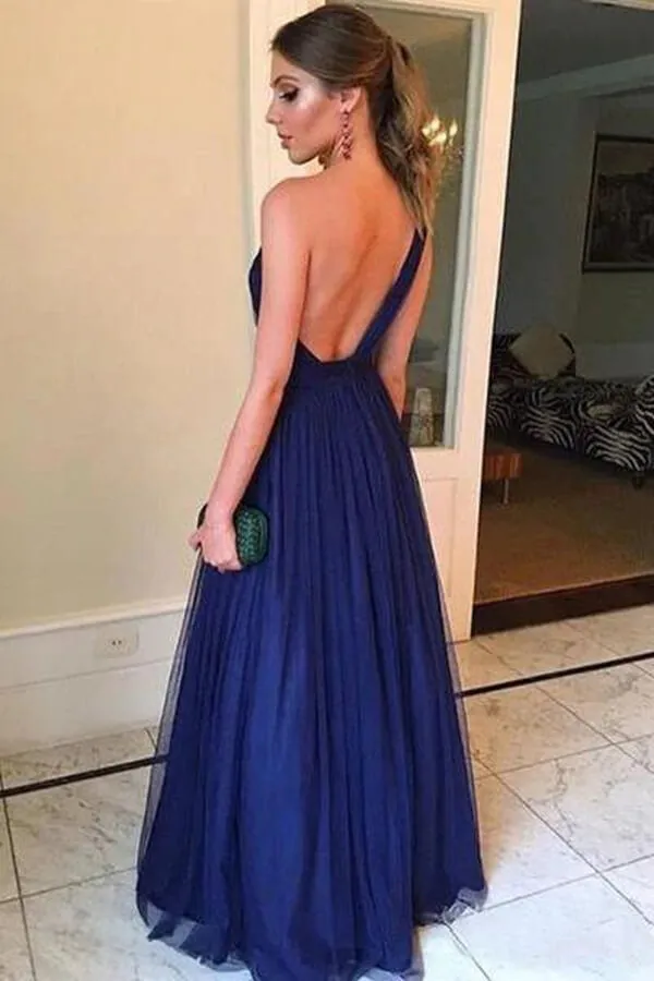 Simple Blue Tulle A-line One Shoulder Long Prom Dresses, Evening Gown, MP685