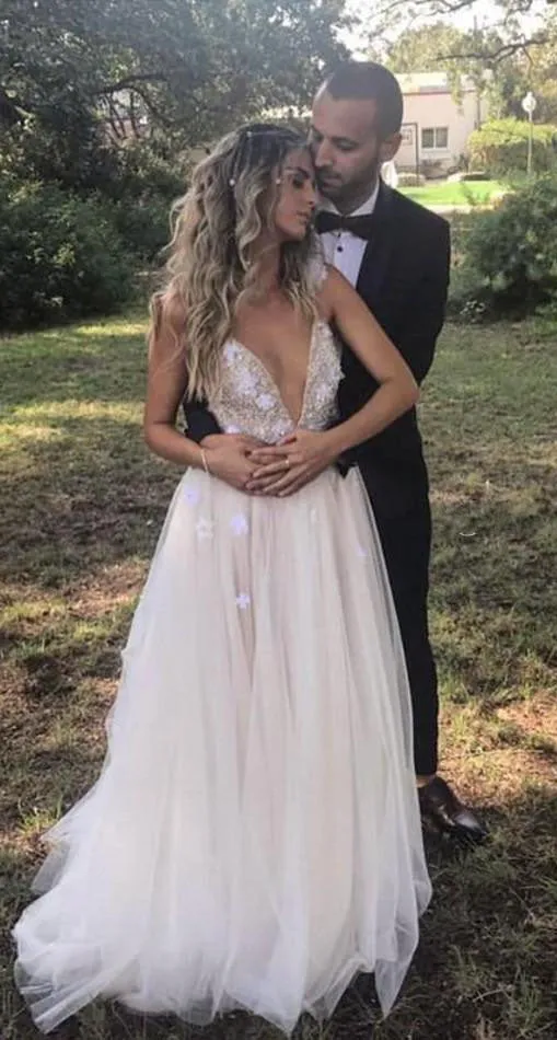 Simple Lace Top Spaghetti Straps A-Line Sweep Train Long Wedding Dresses,MW324