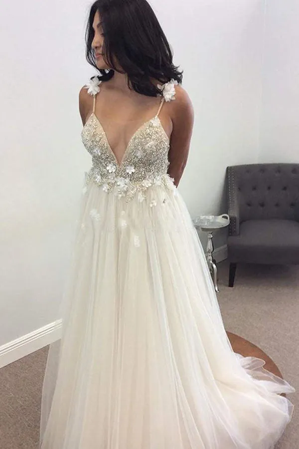 Simple Lace Top Spaghetti Straps A-Line Sweep Train Long Wedding Dresses,MW324