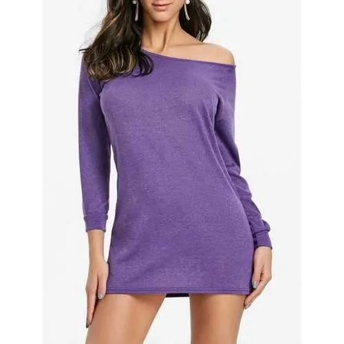 Skew Neck Mini Sweater Dress - Purple S