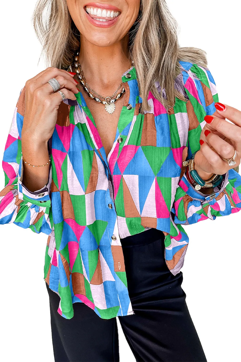 Sky Blue Geometric Print Buttoned Balloon Sleeve Loose Fit Shirt