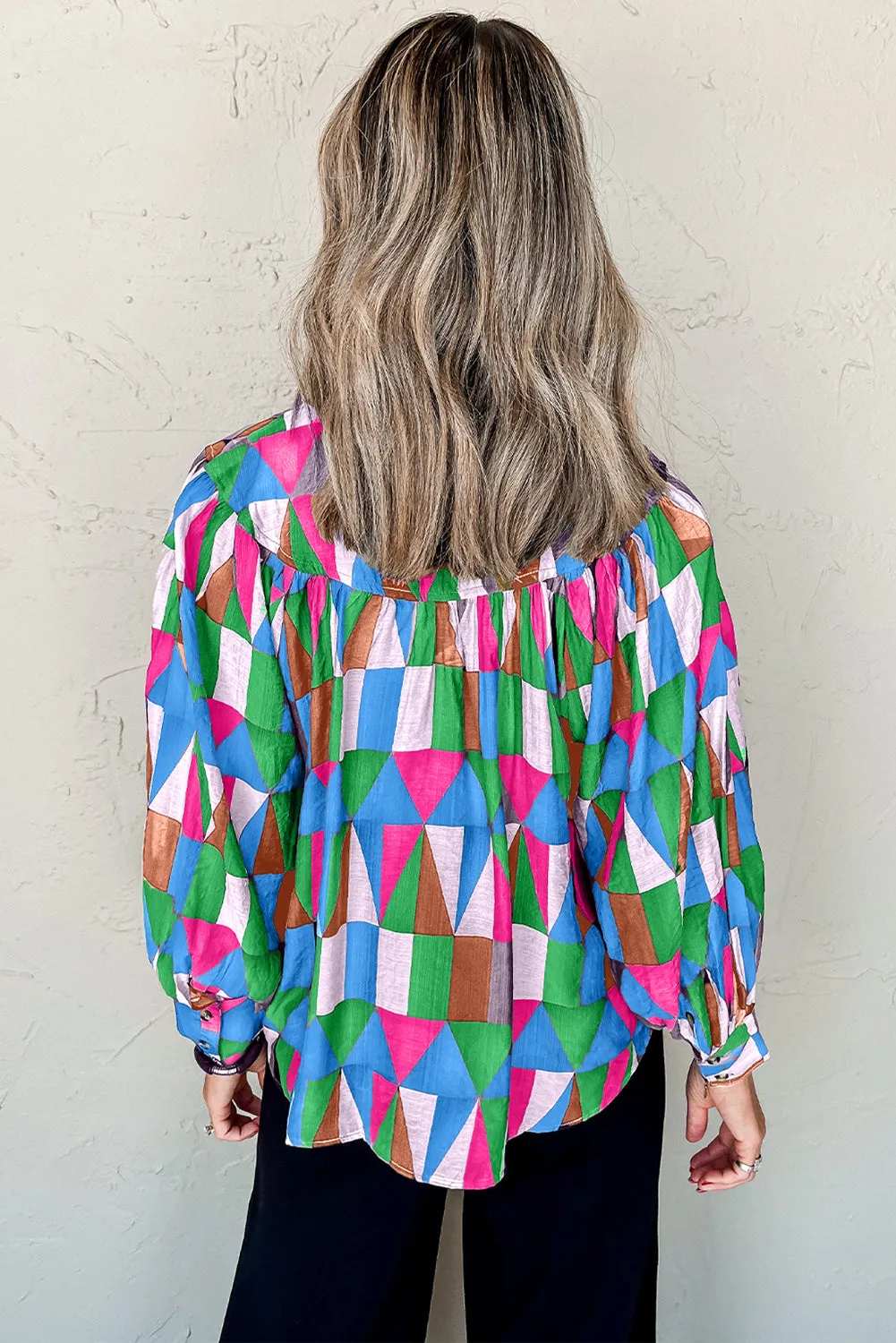 Sky Blue Geometric Print Buttoned Balloon Sleeve Loose Fit Shirt
