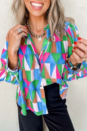 Sky Blue Geometric Print Buttoned Balloon Sleeve Loose Fit Shirt
