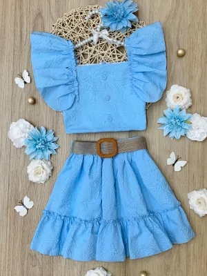 Sky Blue Ruffle Sleeve Belted Skirt Set