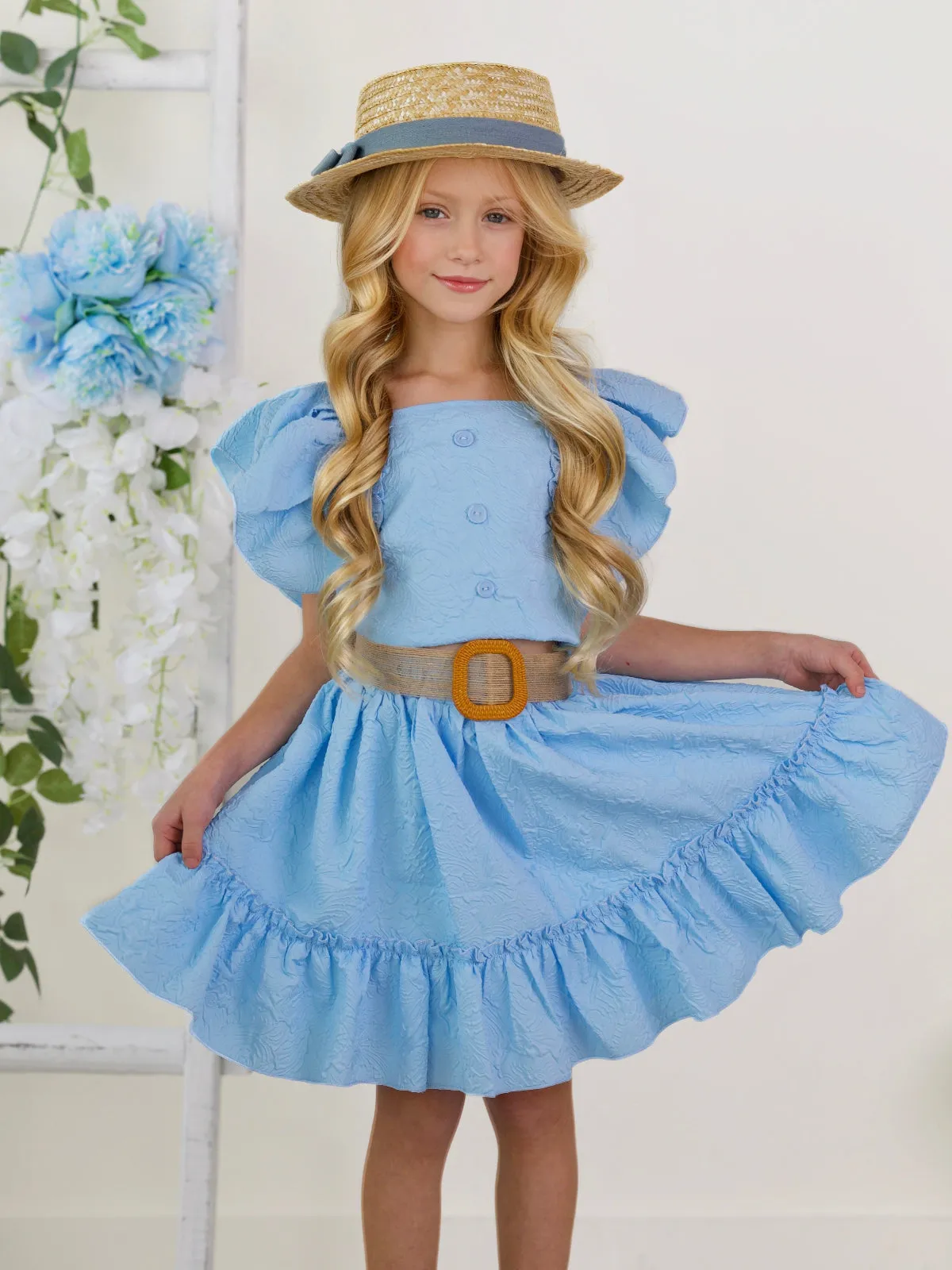 Sky Blue Ruffle Sleeve Belted Skirt Set
