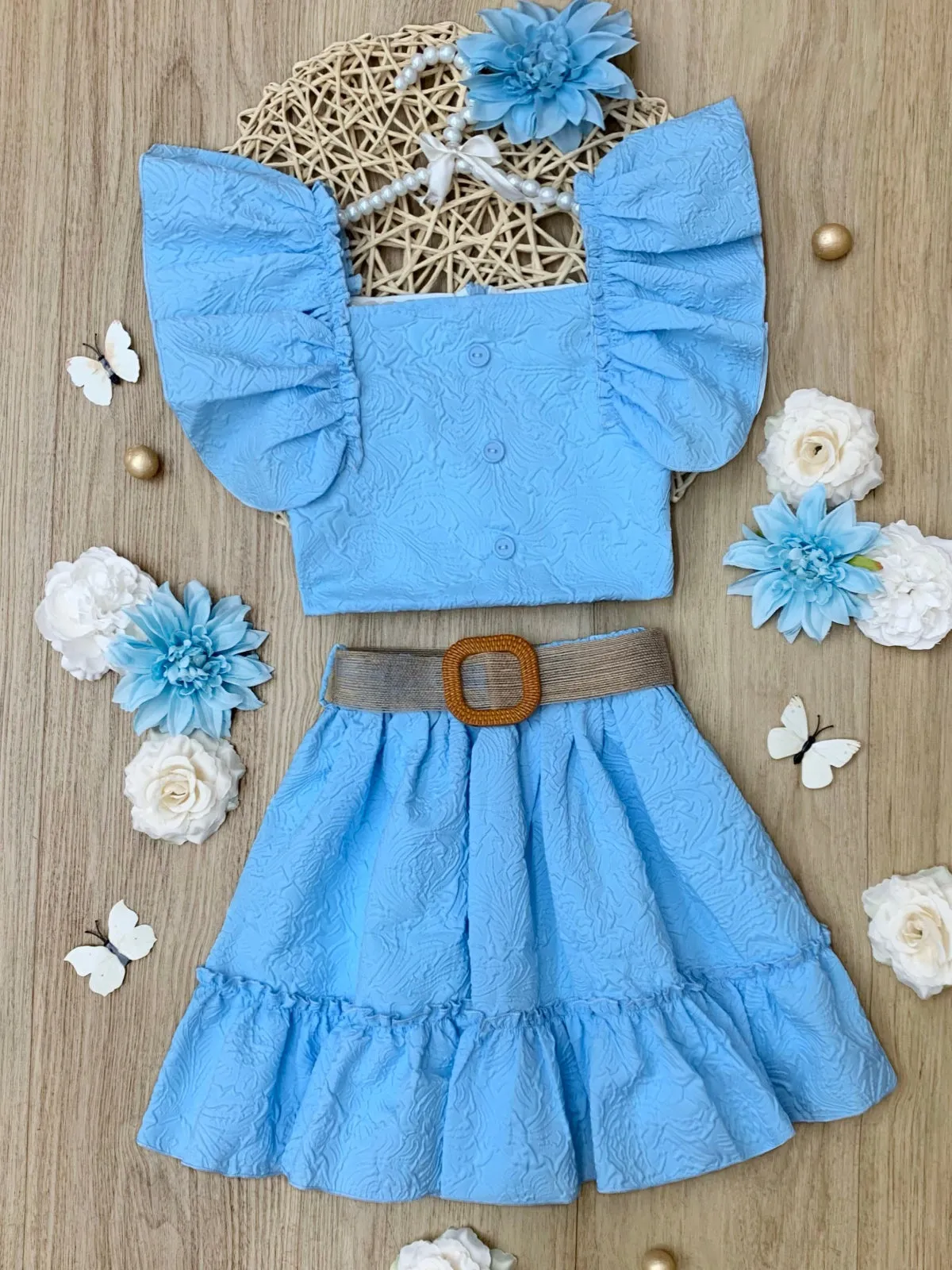 Sky Blue Ruffle Sleeve Belted Skirt Set