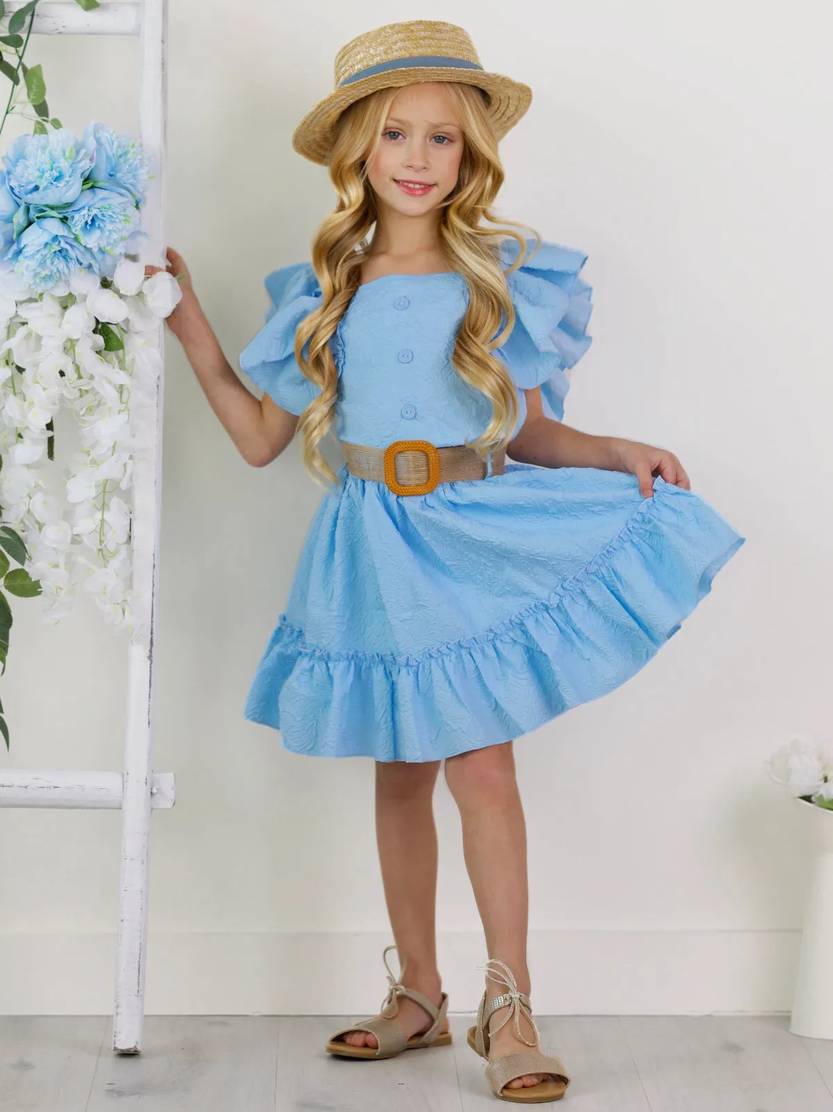 Sky Blue Ruffle Sleeve Belted Skirt Set