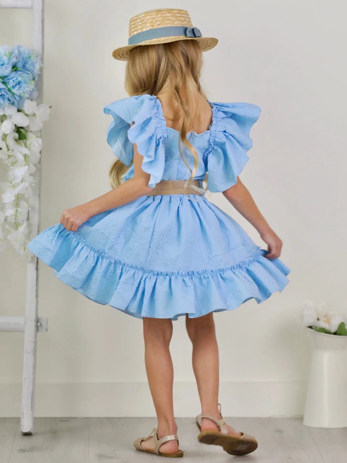 Sky Blue Ruffle Sleeve Belted Skirt Set