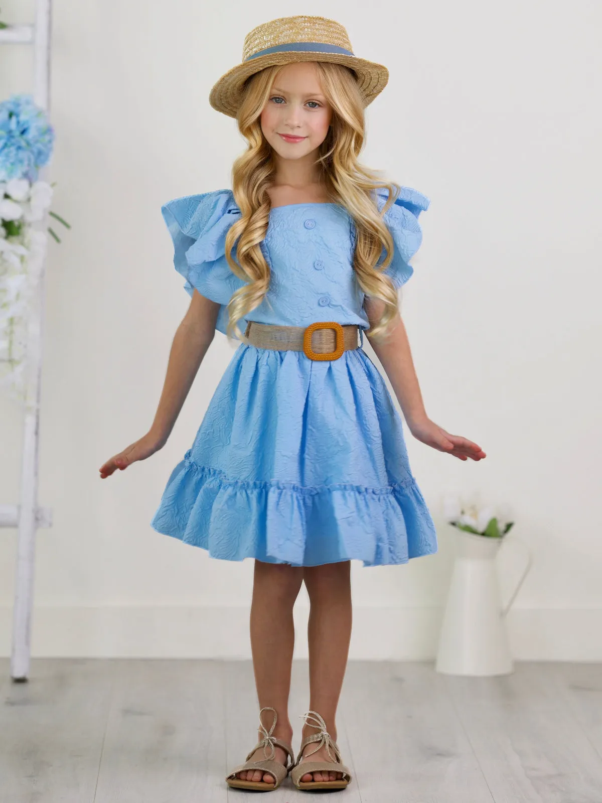 Sky Blue Ruffle Sleeve Belted Skirt Set