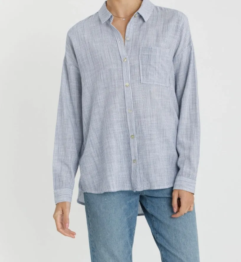 Skylar Button Up Blouse in Pinstripe Denim
