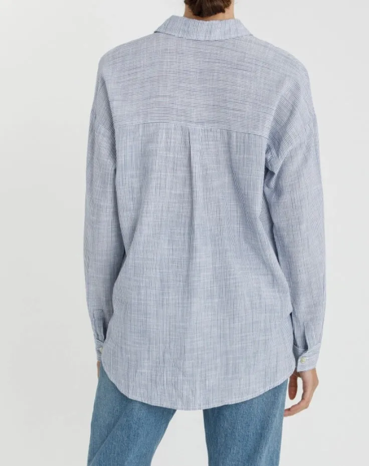 Skylar Button Up Blouse in Pinstripe Denim