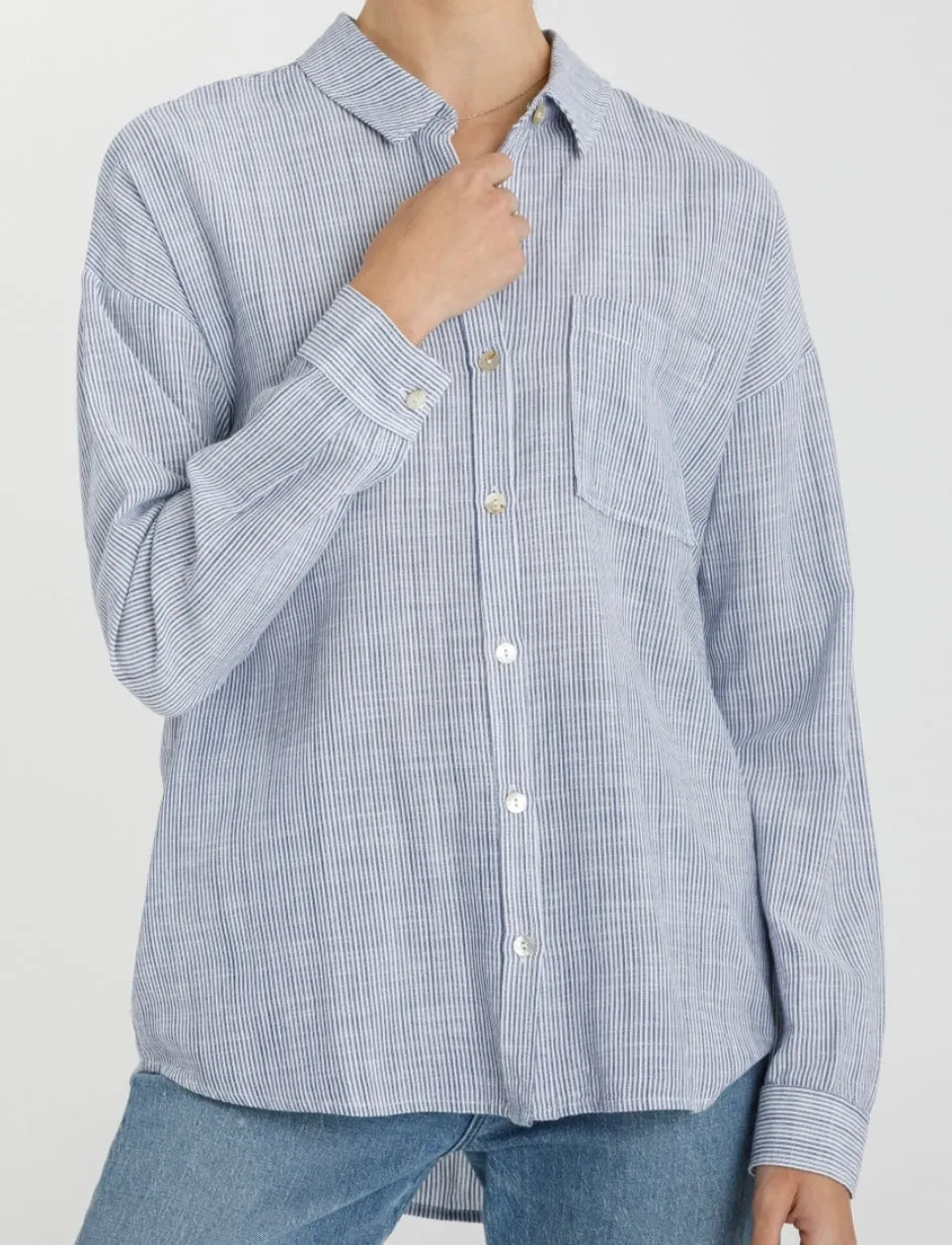 Skylar Button Up Blouse in Pinstripe Denim