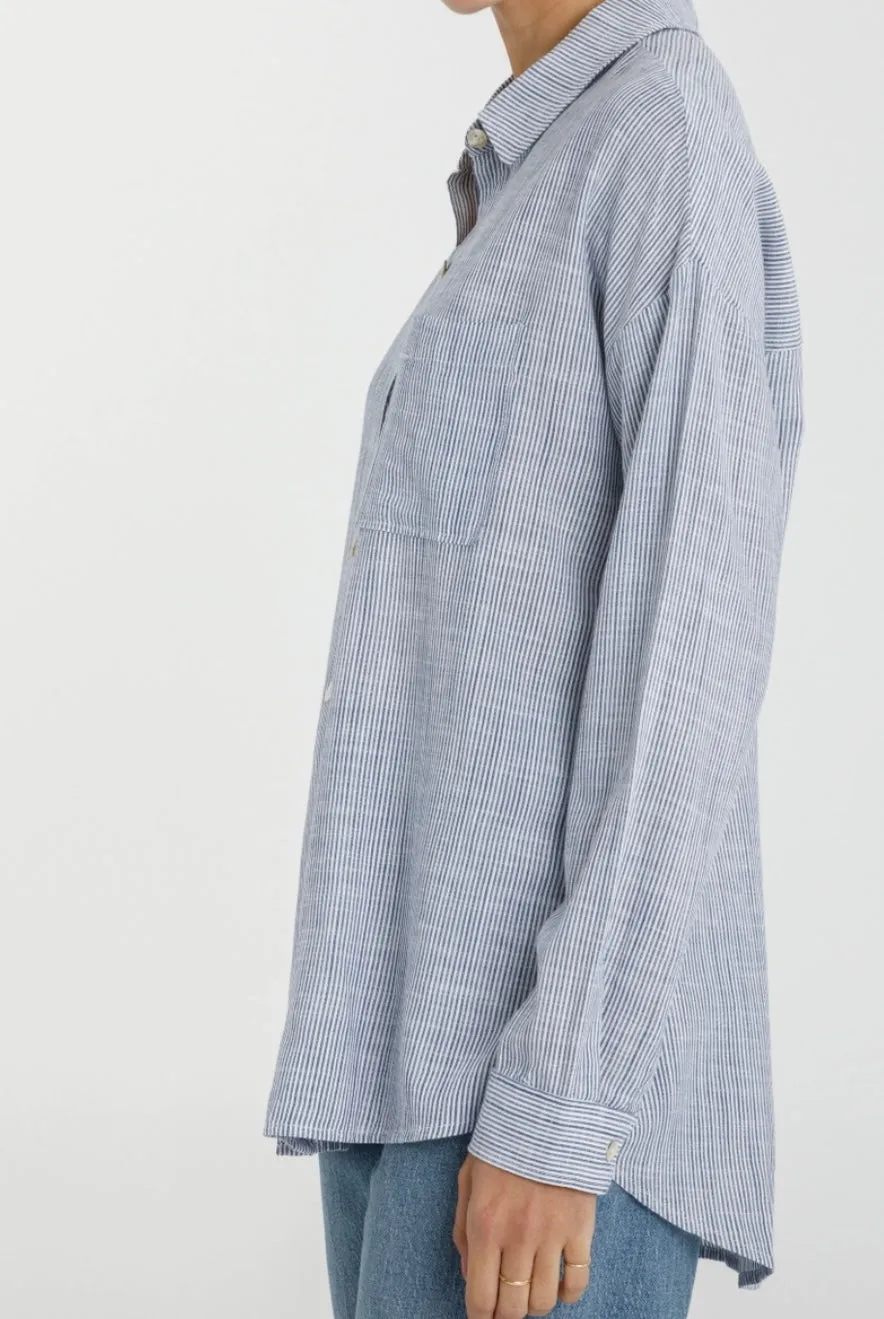 Skylar Button Up Blouse in Pinstripe Denim