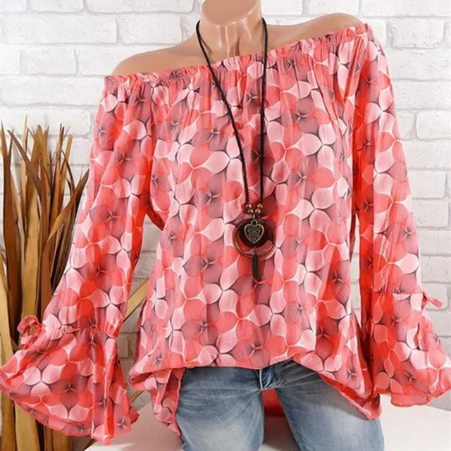 Slash Neck Flare Sleeve Chiffon Blouse