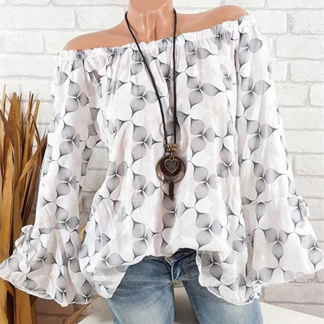 Slash Neck Flare Sleeve Chiffon Blouse