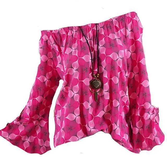 Slash Neck Flare Sleeve Chiffon Blouse