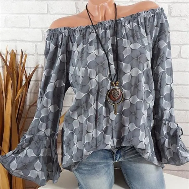 Slash Neck Flare Sleeve Chiffon Blouse